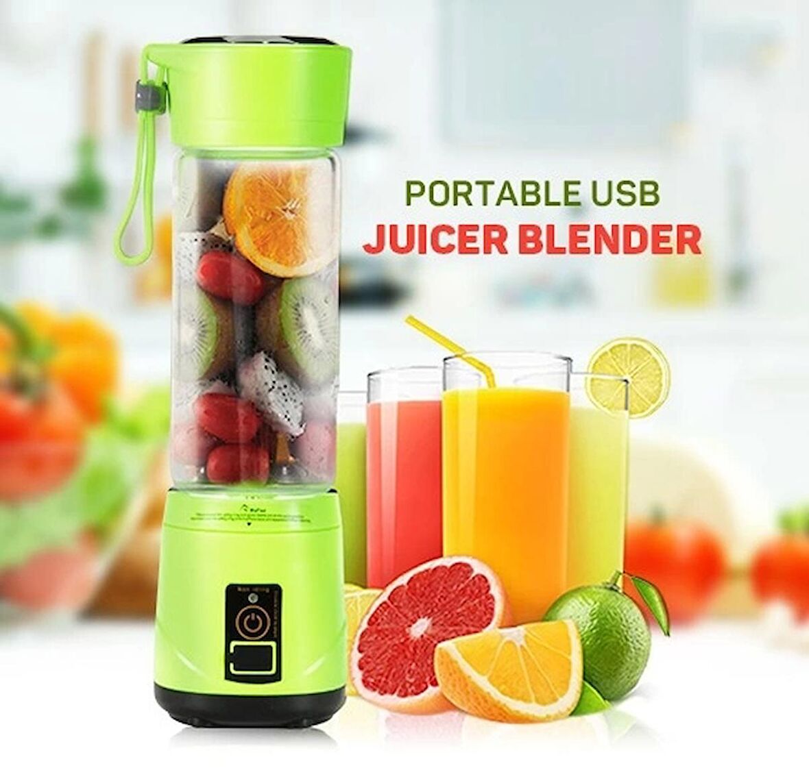 Portatif Taşınabilir El Blender 380 Ml Usb Şarjlı Yeşil (1243)