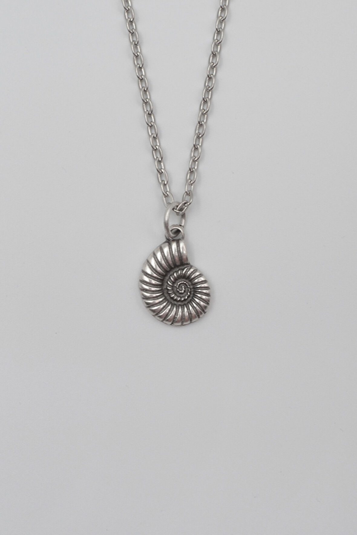 Spiral Deniz Kabuğu Düz Ezme Zincir Kolye - Antik Gümüş Kaplama - Kadın Erkek - 60 cm