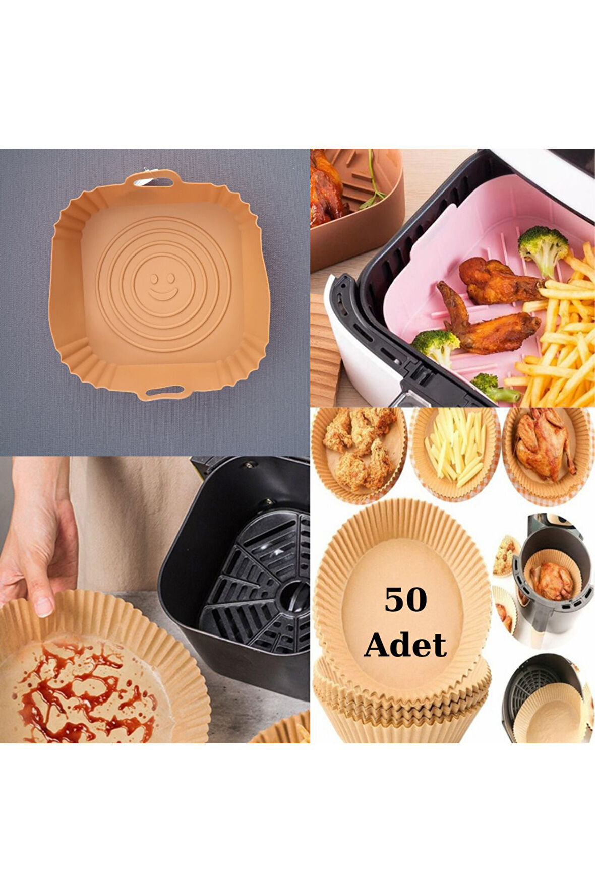 AİRFRYER SİLİKON KARE PİŞİRME KABI KAHVE+50 ADET AİRFRYER TEK KULLANIMLIK PİŞİRME KAĞIDI XL-XXL TABAK