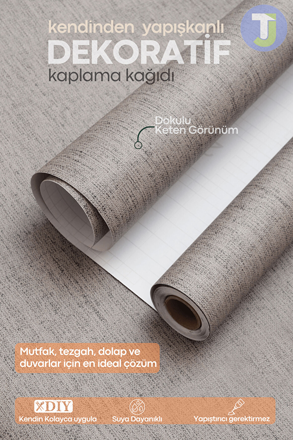 Technojet Kendinden Yapışkanlı Dokulu Keten Görünümlü Mutfak Salon Duvar Dolap Masa Kaplama 60X500cm