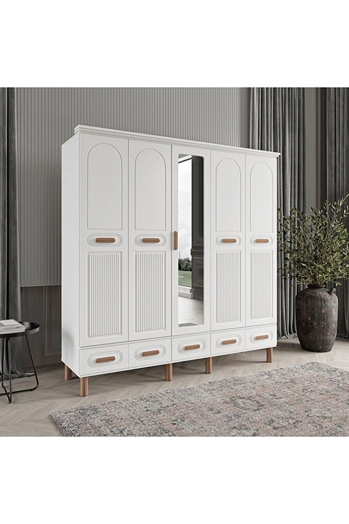 PERA 5 KAPAKLI BEYAZ GARDIROP TAMAMI MDF