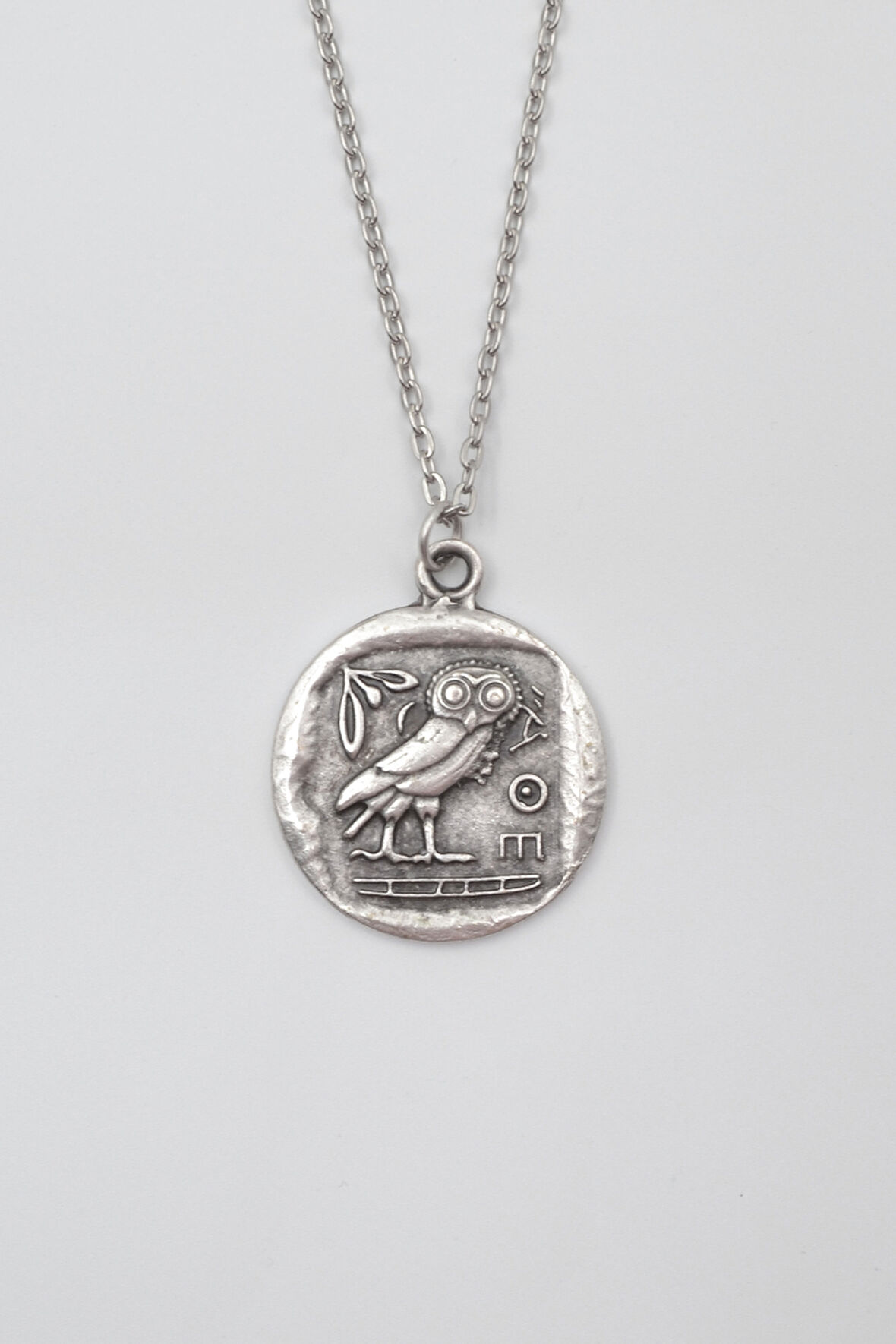 Yunan Mitolojisi Baykuş Düz Ezme Zincir Kolye - Antik Gümüş Kaplama - Kadın Erkek - 60 cm