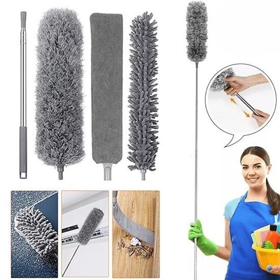 caselka® Teleskopik 3'lü Mop Toz Alma Püskülü Çok Fonksiyonlu Temizlik Seti