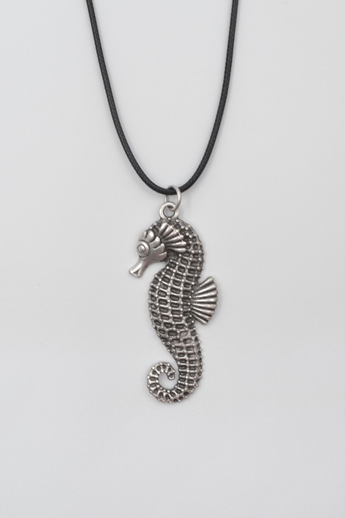 Denizatı Siyah Deri İp Kolye - Antik Gümüş Kaplama - Kadın Erkek - 60 cm