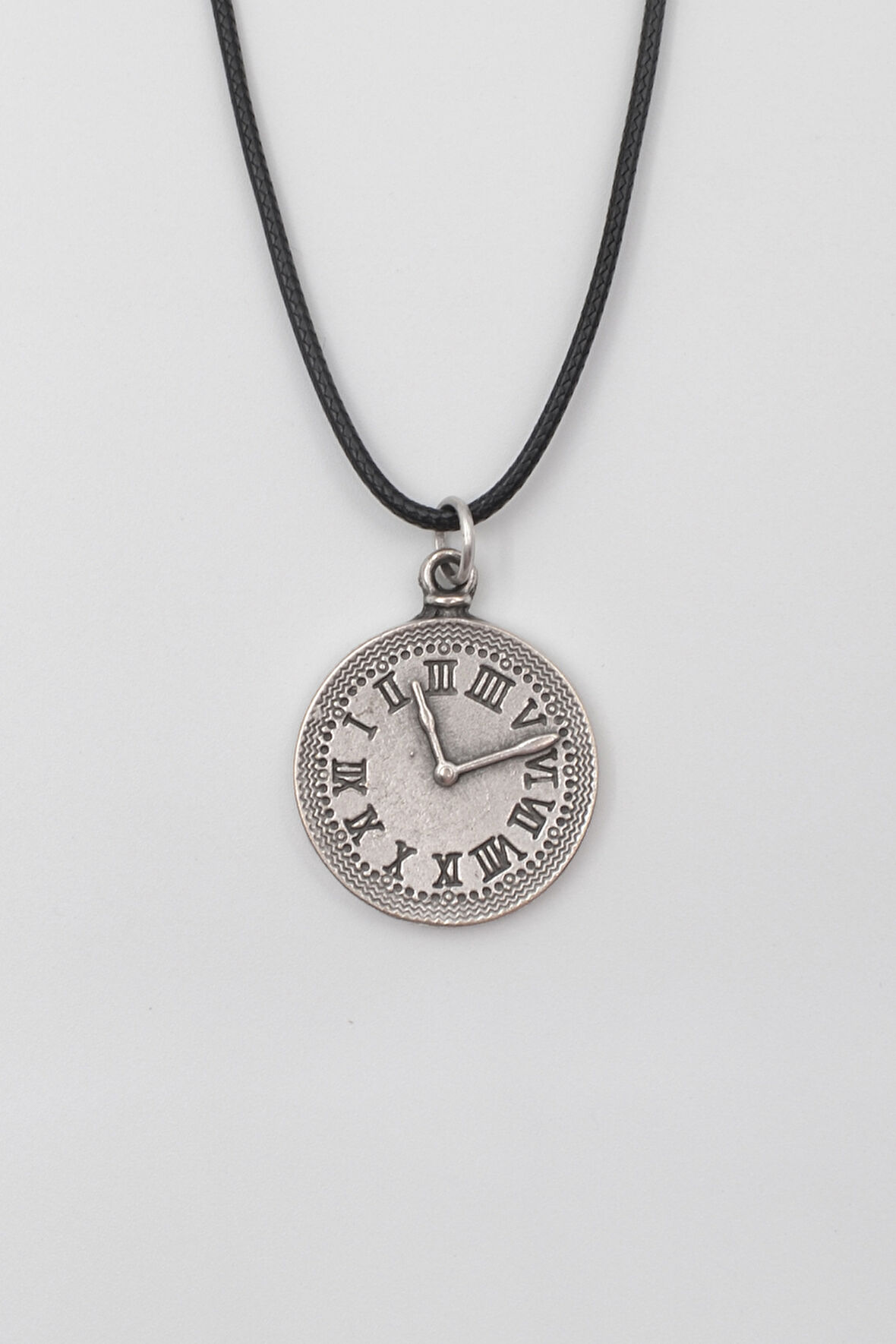 Antika Saat Siyah Deri İp Kolye - Antik Gümüş Kaplama - Kadın Erkek - 60 cm