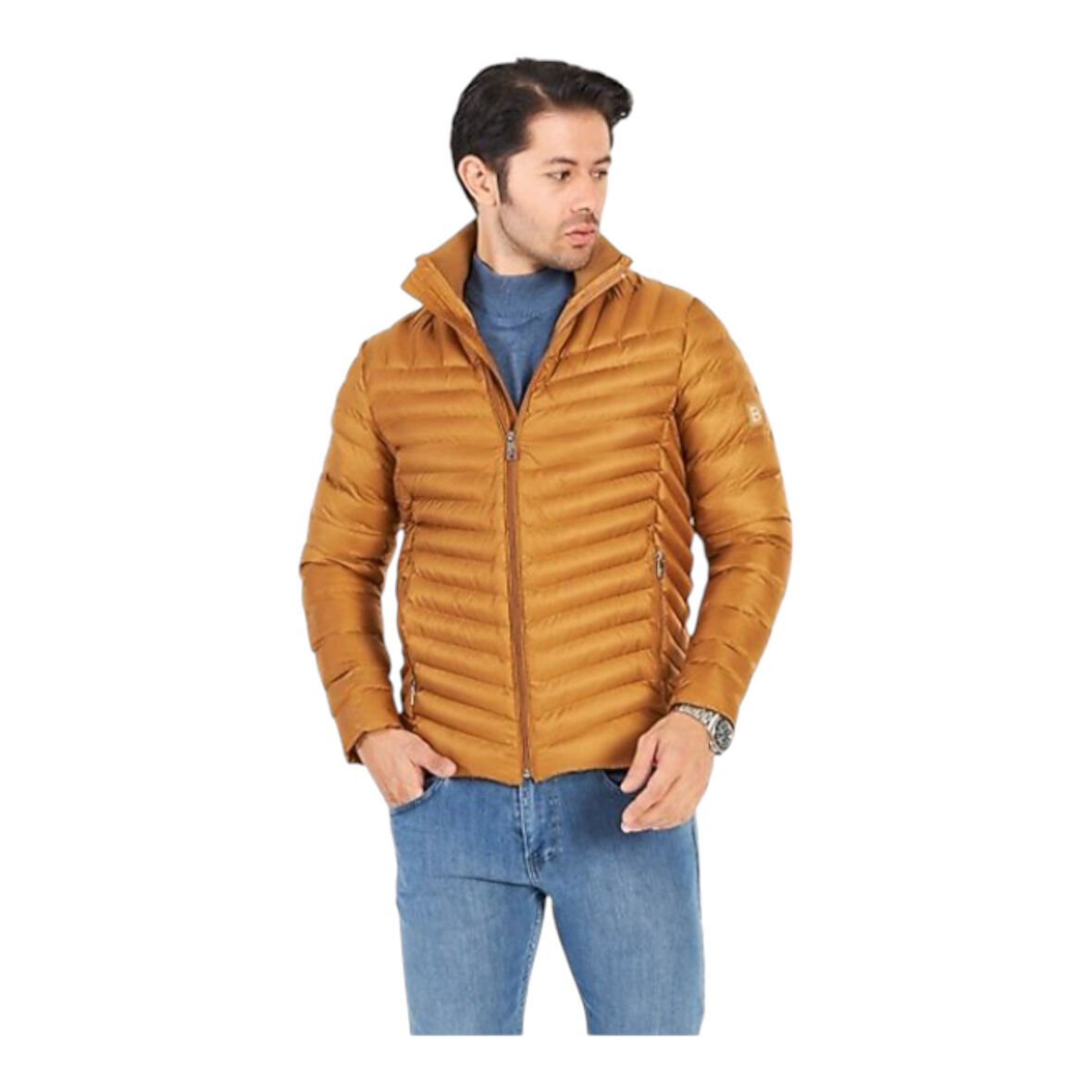 Erkek Hardal Renk Elyaf Dolgulu Mont Rüzgar Geçirmez