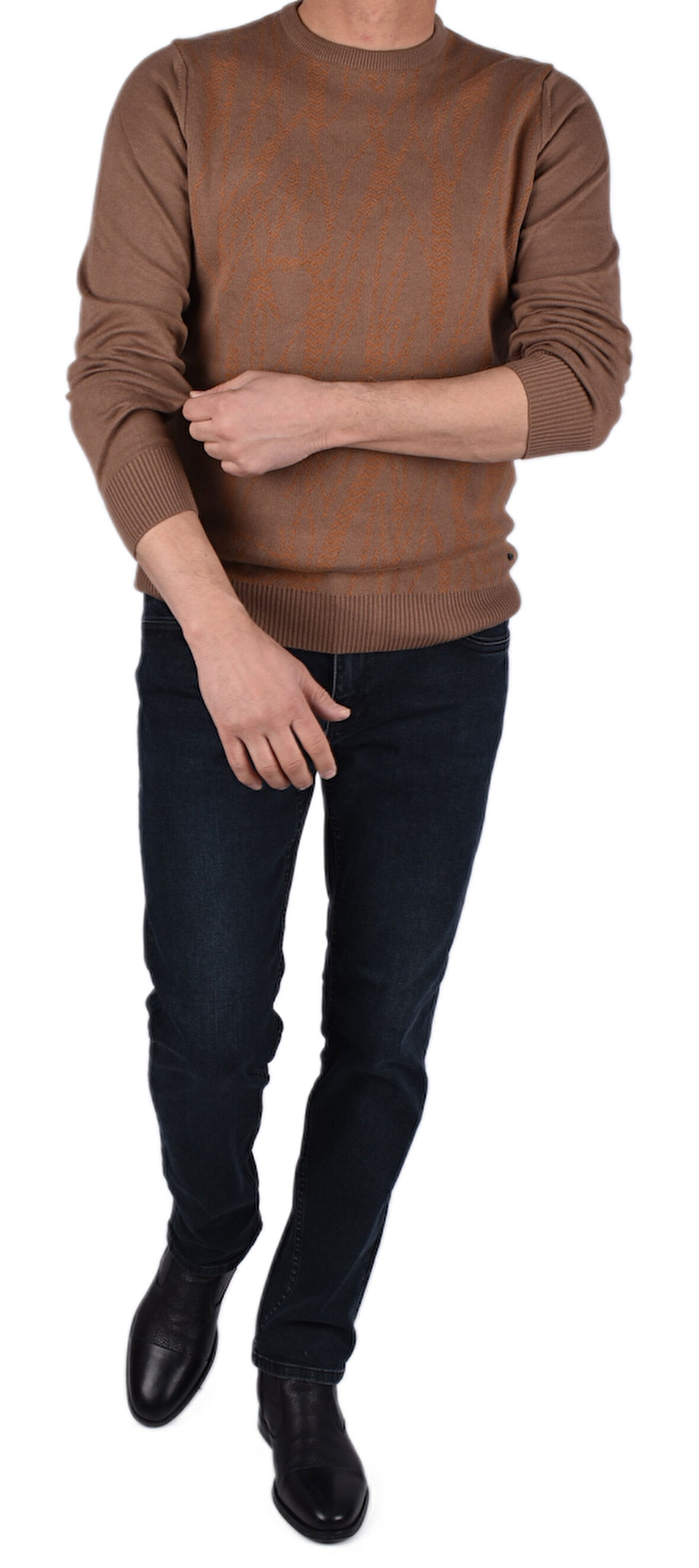 BRG-21205 BİSİKLET YAKA DESENLİ KAZAK/SÜTLÜ KAHVE/2XL