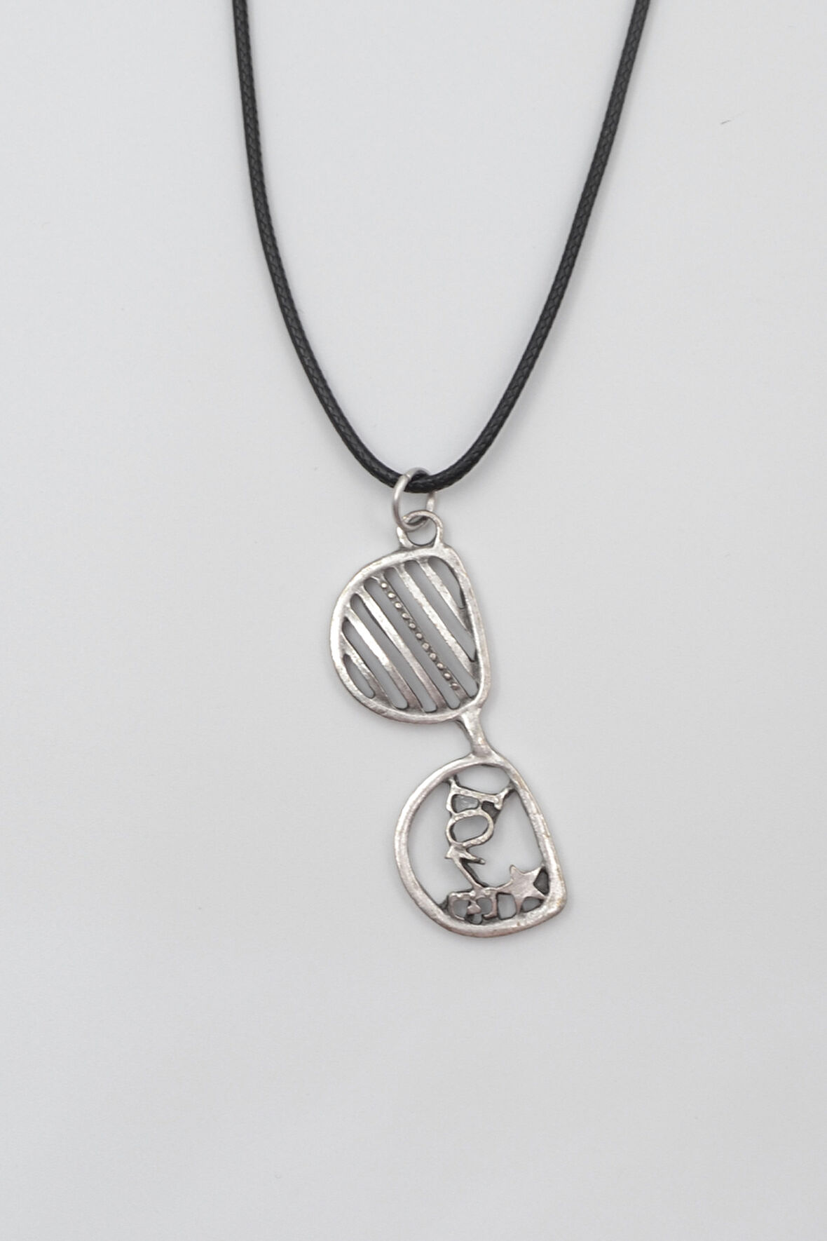 Gözlük ve Love Siyah Deri İp Kolye - Antik Gümüş Kaplama - Kadın Erkek - 60 cm