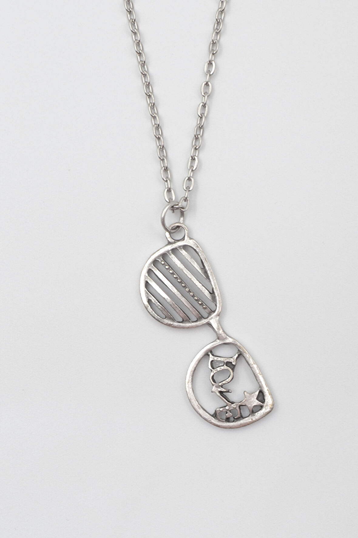 Gözlük ve Love Düz Ezme Zincir Kolye - Antik Gümüş Kaplama - Kadın Erkek - 60 cm