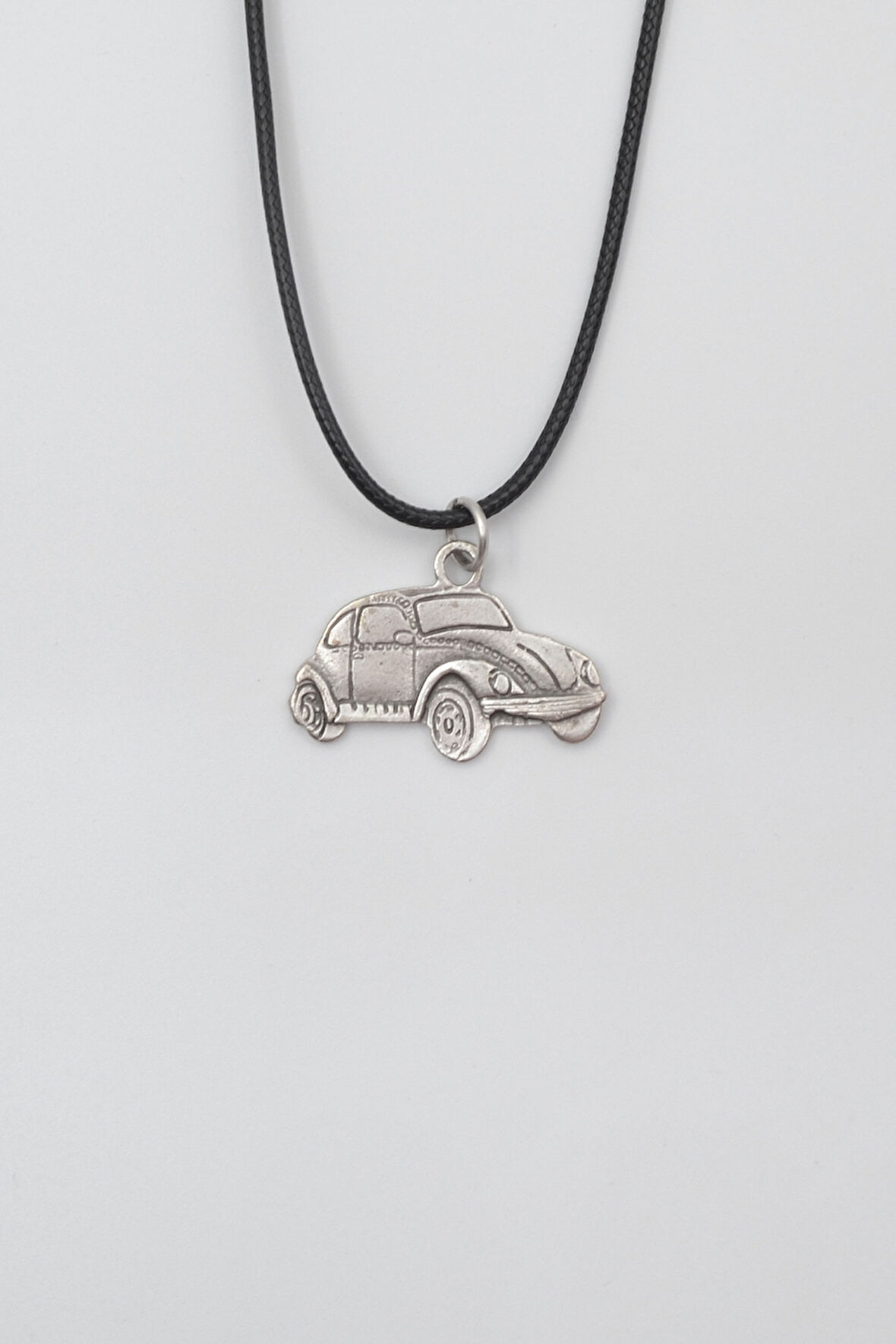 Nostaljik Vosvos Siyah Deri İp Kolye - Antik Gümüş Kaplama - Kadın Erkek - 60 cm