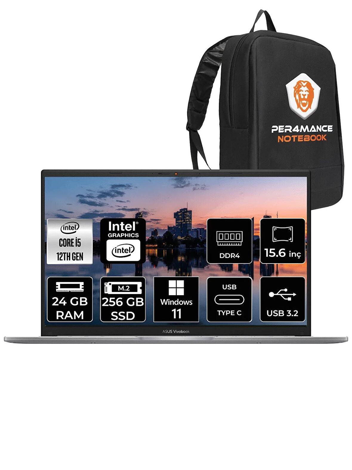 ASUS Vivobook 15 X1504ZA i5 1235U 24GB RAM 256GB SSD 15.6'' FHD W11PRO BQ451 & PER4 ÇANTA