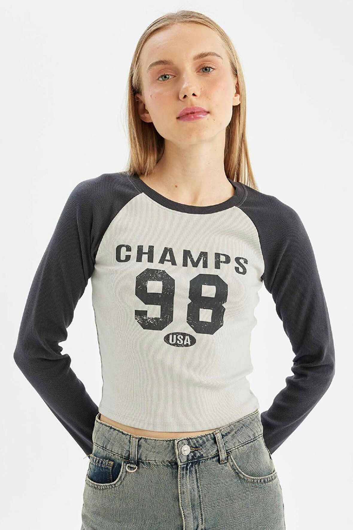 DeFacto Antrasit Coool Fitted Bisiklet Yaka Fitilli Kaşkorse Baskılı Uzun Kollu Tişört C7926AX24AUAR191