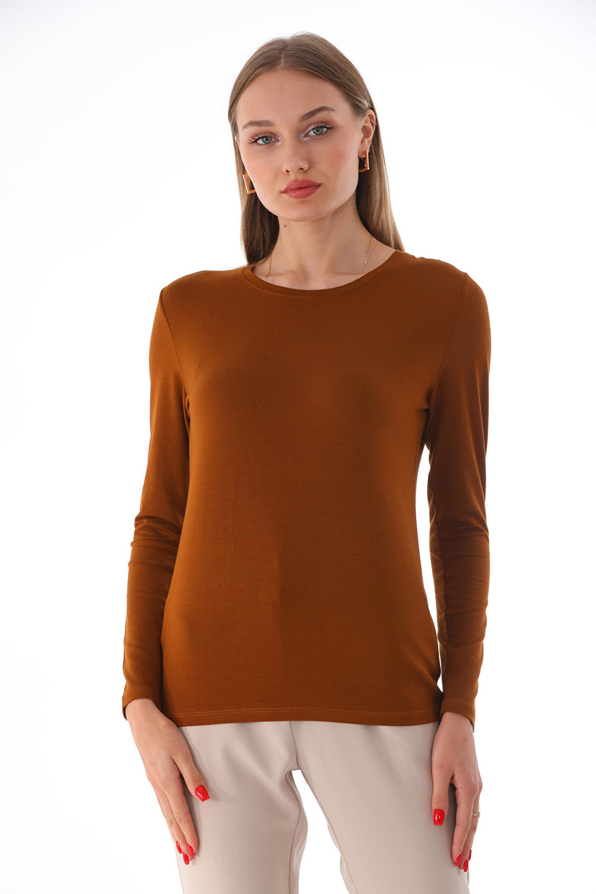 Kadın Bisiklet Yaka Viskon Likra Uzun Kollu Tişört-Kahve