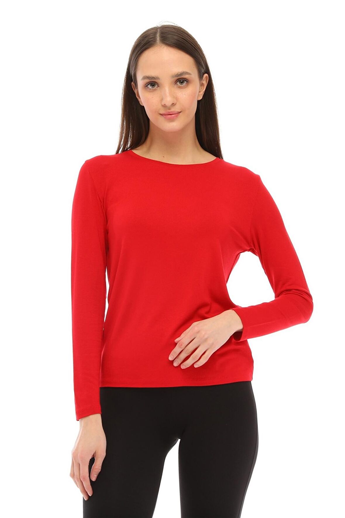 Kadın Bisiklet Yaka Viskon Likra Uzun Kollu Tişört-Kırmızı