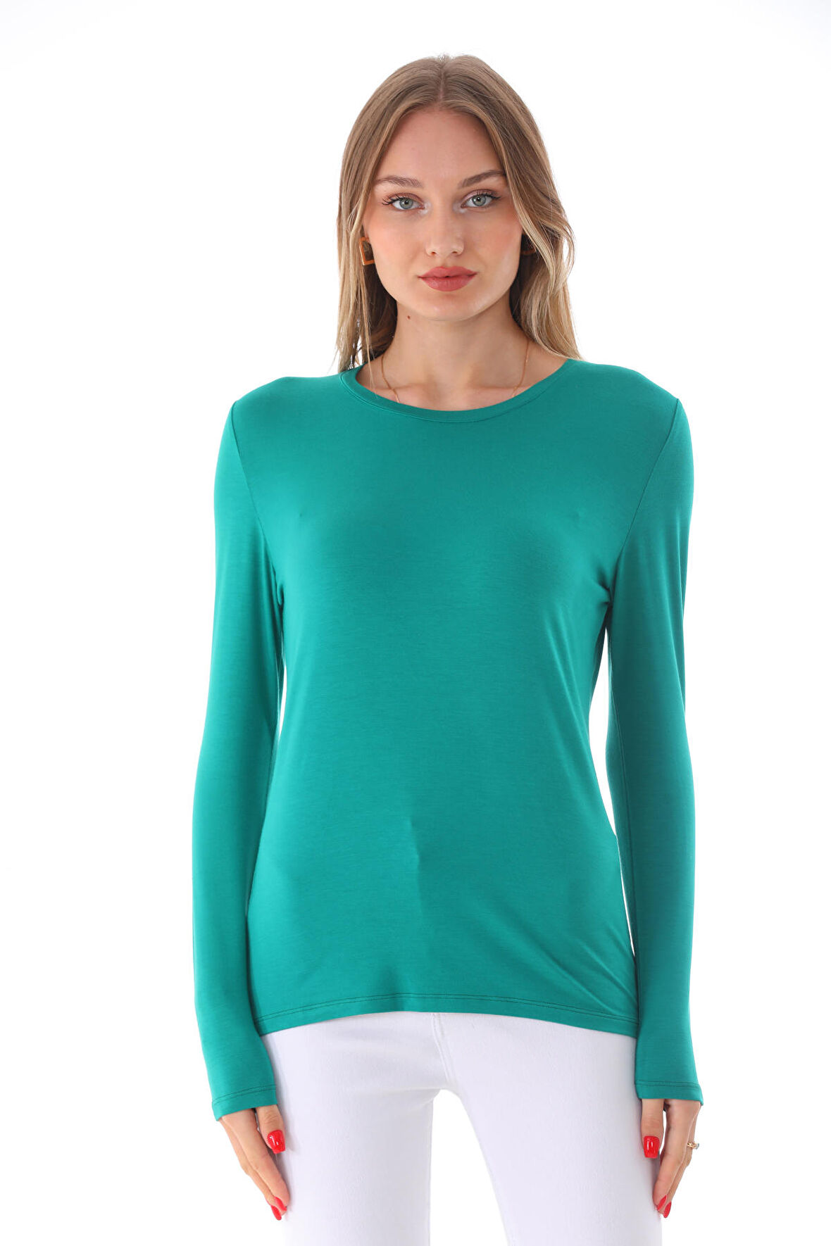 Kadın Bisiklet Yaka Viskon Likra Uzun Kollu Tişört-Okyanus Yeşili