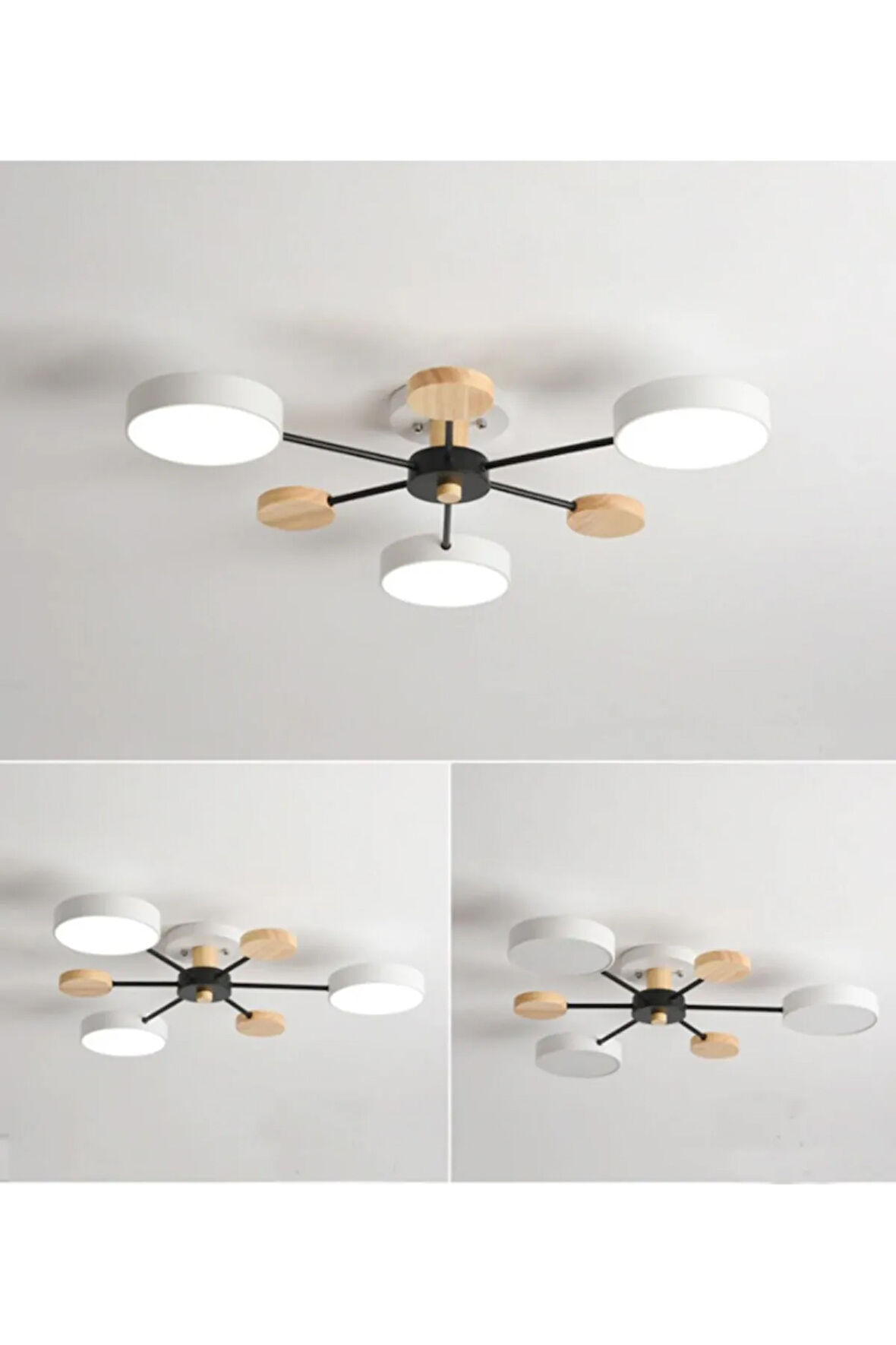 Modern Ahşap Detaylı Led Avize Beyaz 3'lü