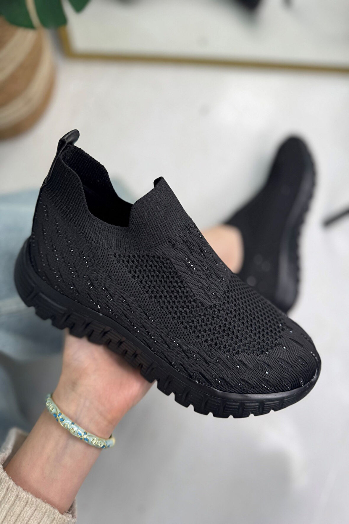 Siyah Triko Kadın Spor Ayakkabı Taşlı Ortopedik Lastik Nefes Alan Hafif Esnek Taban Sneaker 502