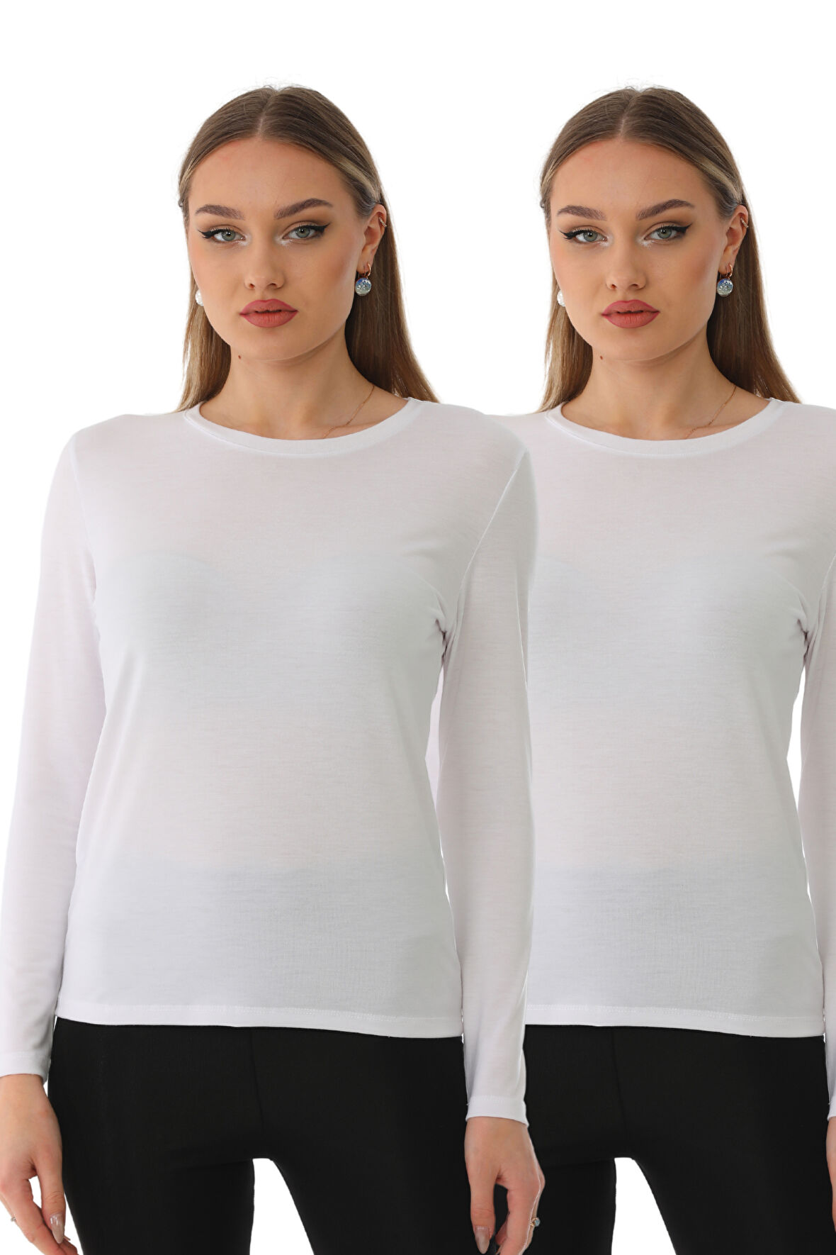 Kadın Modal  Tişört 2'li Paket-Beyaz-Beyaz 