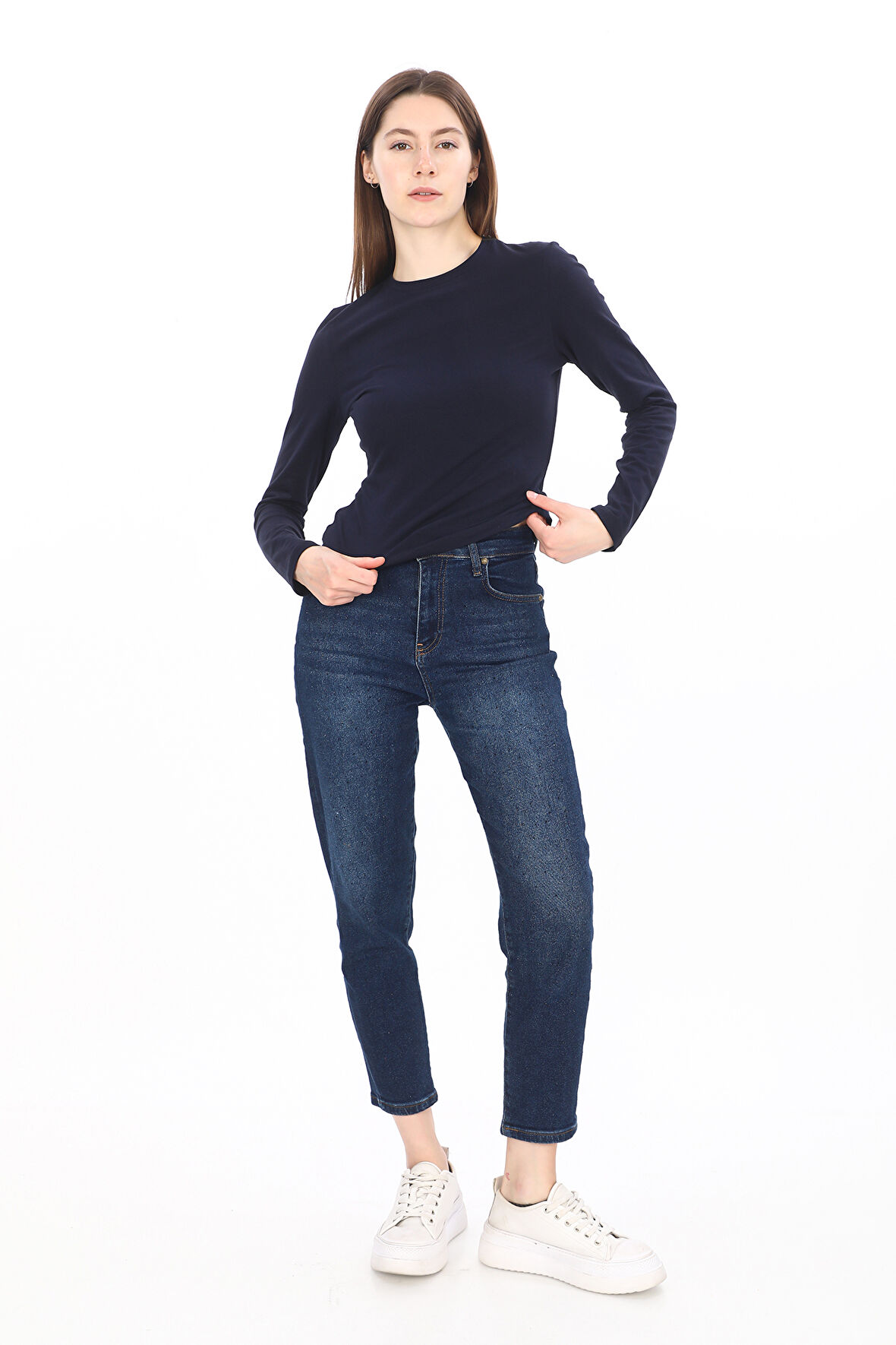 Likralı Pamuk Tişört-Slim Fit-Lacivert