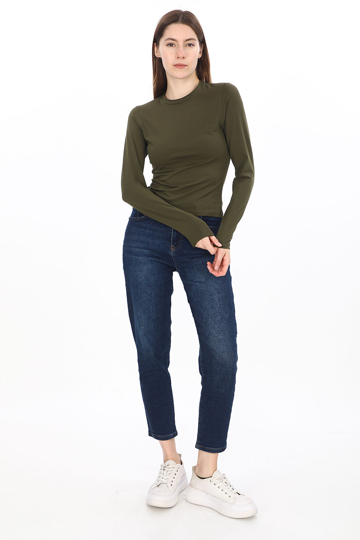 Likralı Pamuk Tişört-Slim Fit-Haki