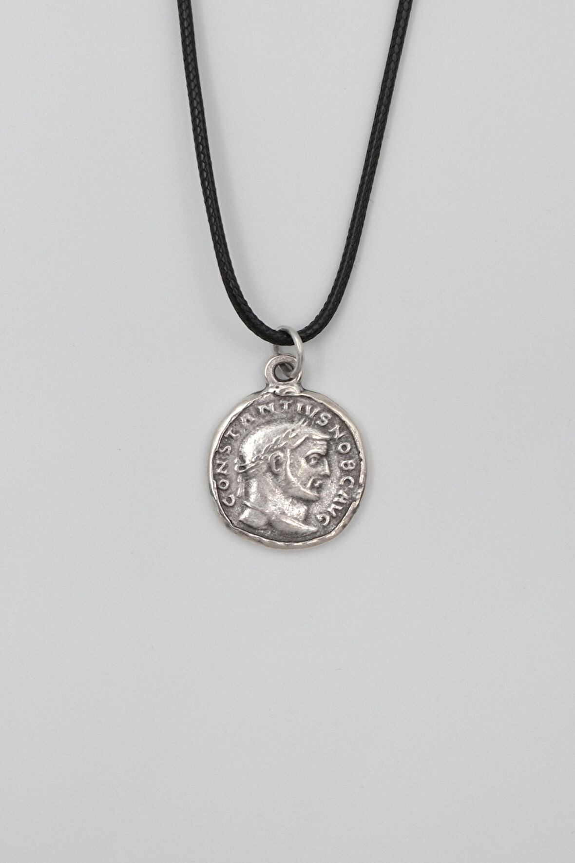 Antik Roma Dönemi Sikke Siyah Deri İp Kolye - Antik Gümüş Kaplama - Kadın Erkek - 60 cm