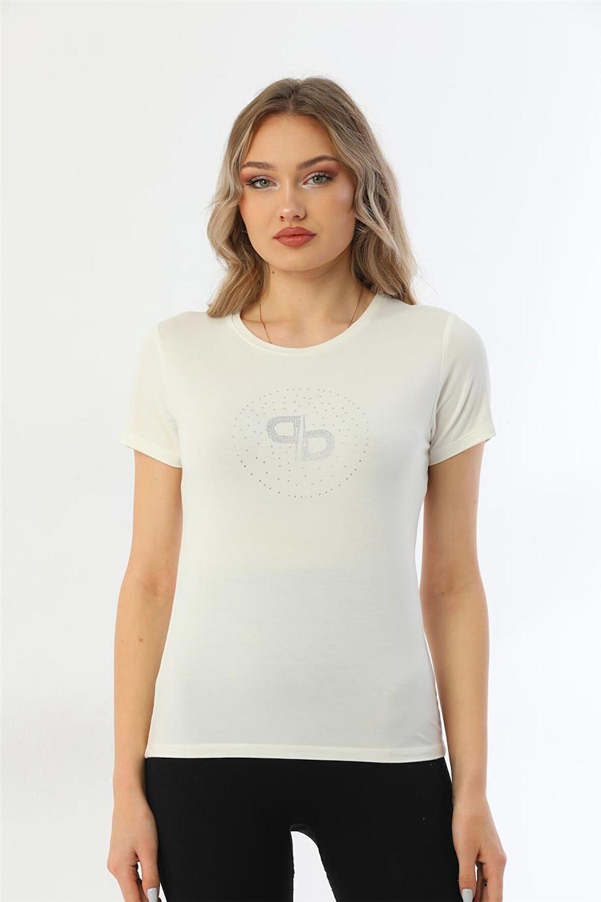 Kadın Bisiklet Yaka Taş Detaylı Kısa Kollu Tişört-Krem