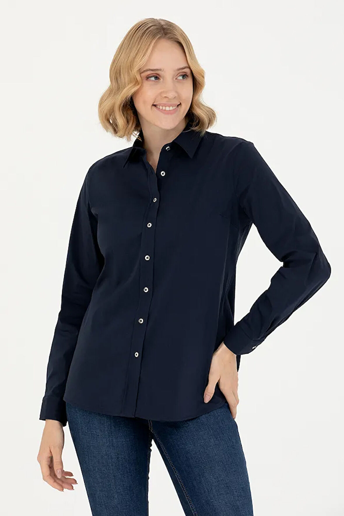 Kadın Lacivert Uzun Kollu Basic Gömlek 50271263-vr033