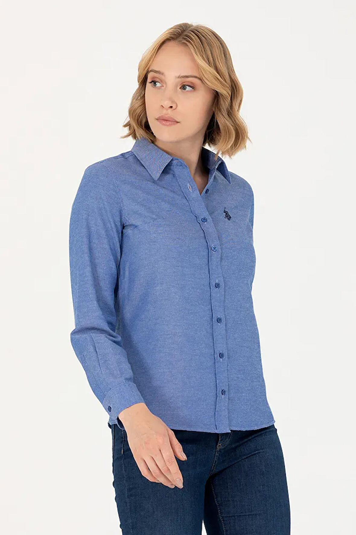 Kadın Saks Uzun Kollu Basic Gömlek 50277630-VR045