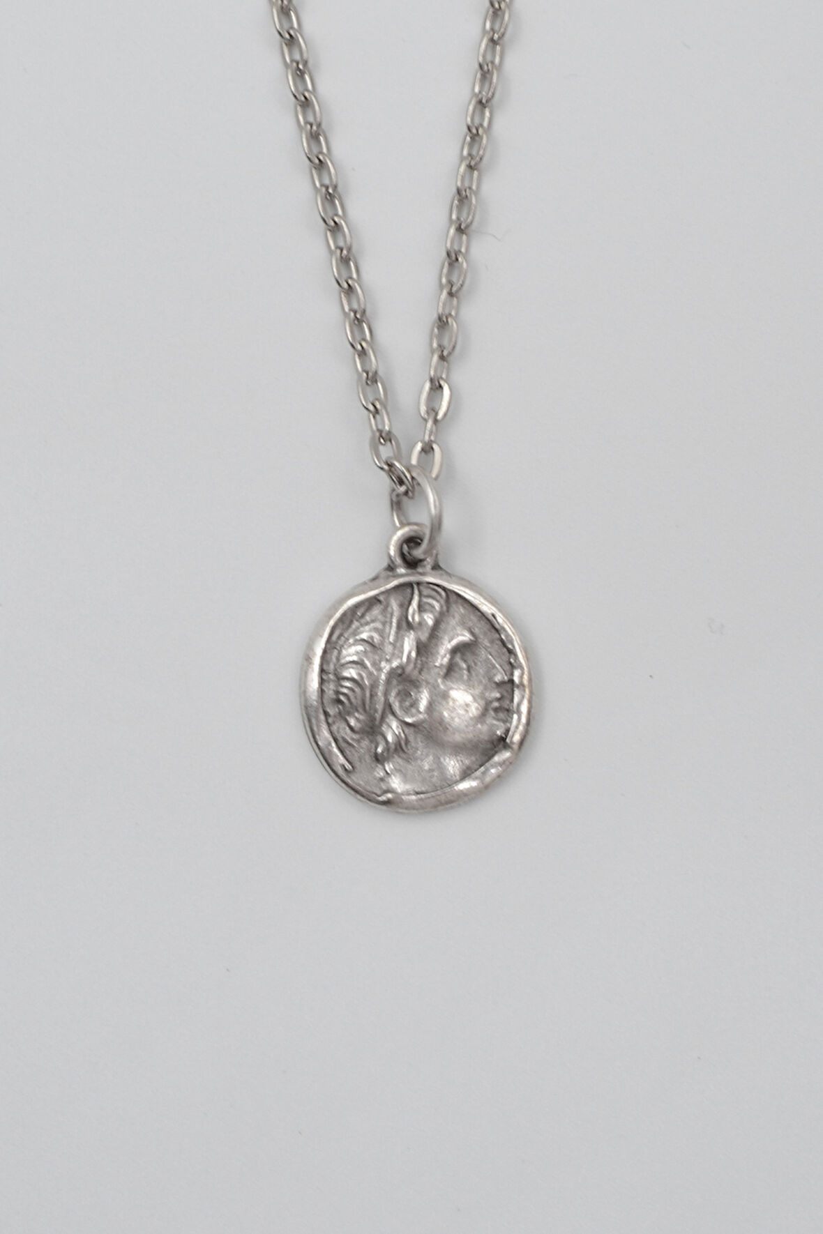 Yunan Antik Makedonya Kralı Büyük İskender Düz Ezme Zincir Kolye - Antik Gümüş Kaplama - Kadın Erkek - 60 cm