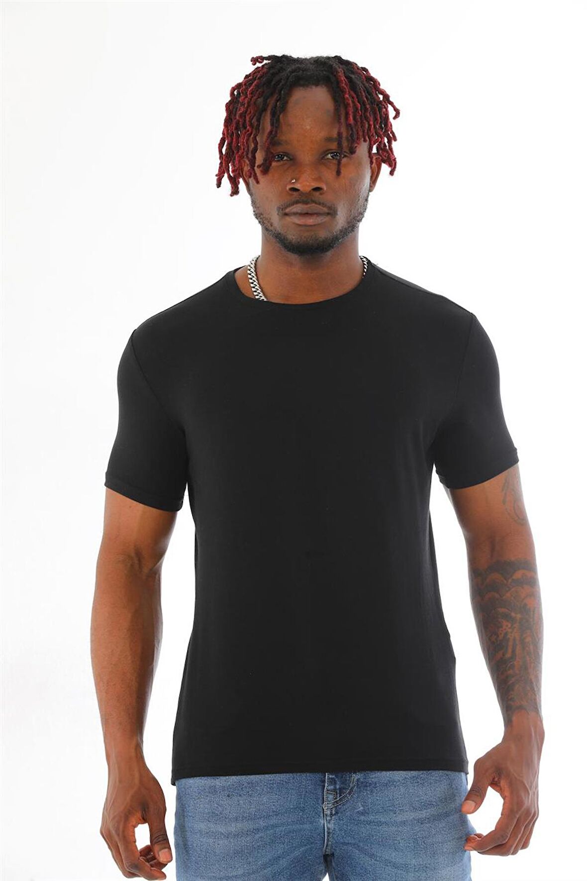 Erkek Slim Fit Modal Likra Basic Kısa Kol T-shirt-Siyah