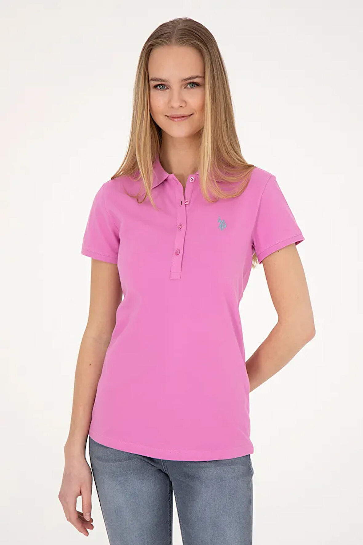 Kadın Pembe Basic Polo Yaka Tişört 50280057-vr037