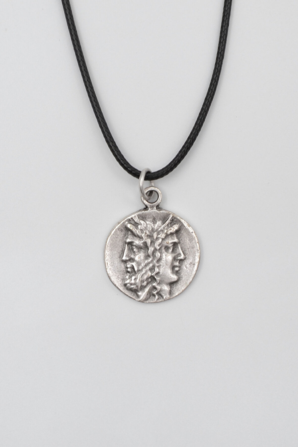 İki Yüzlü Janus Siyah Deri İp Kolye - Antik Gümüş Kaplama - Kadın Erkek - 60 cm