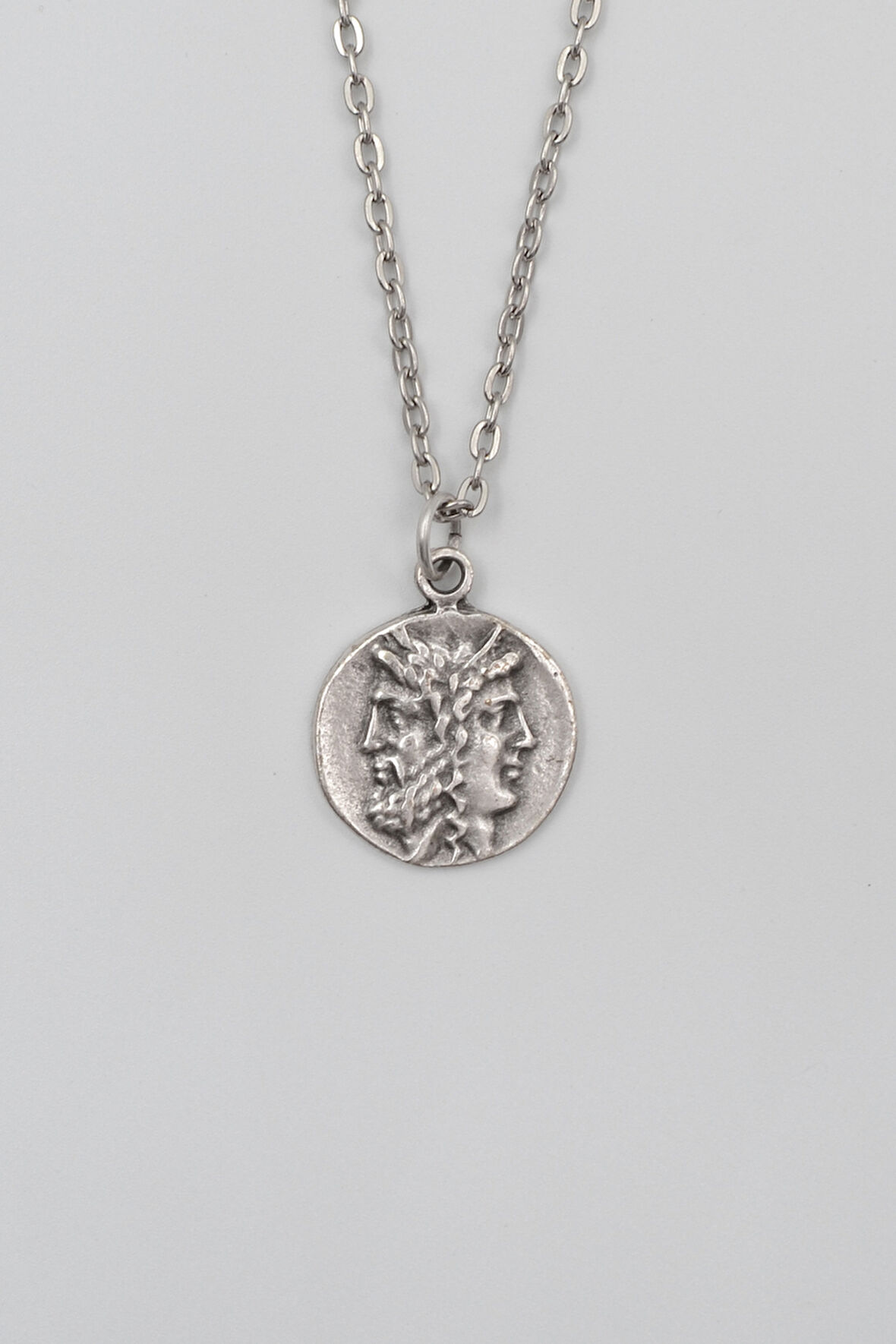 İki Yüzlü Janus Düz Ezme Zincir Kolye - Antik Gümüş Kaplama - Kadın Erkek - 60 cm