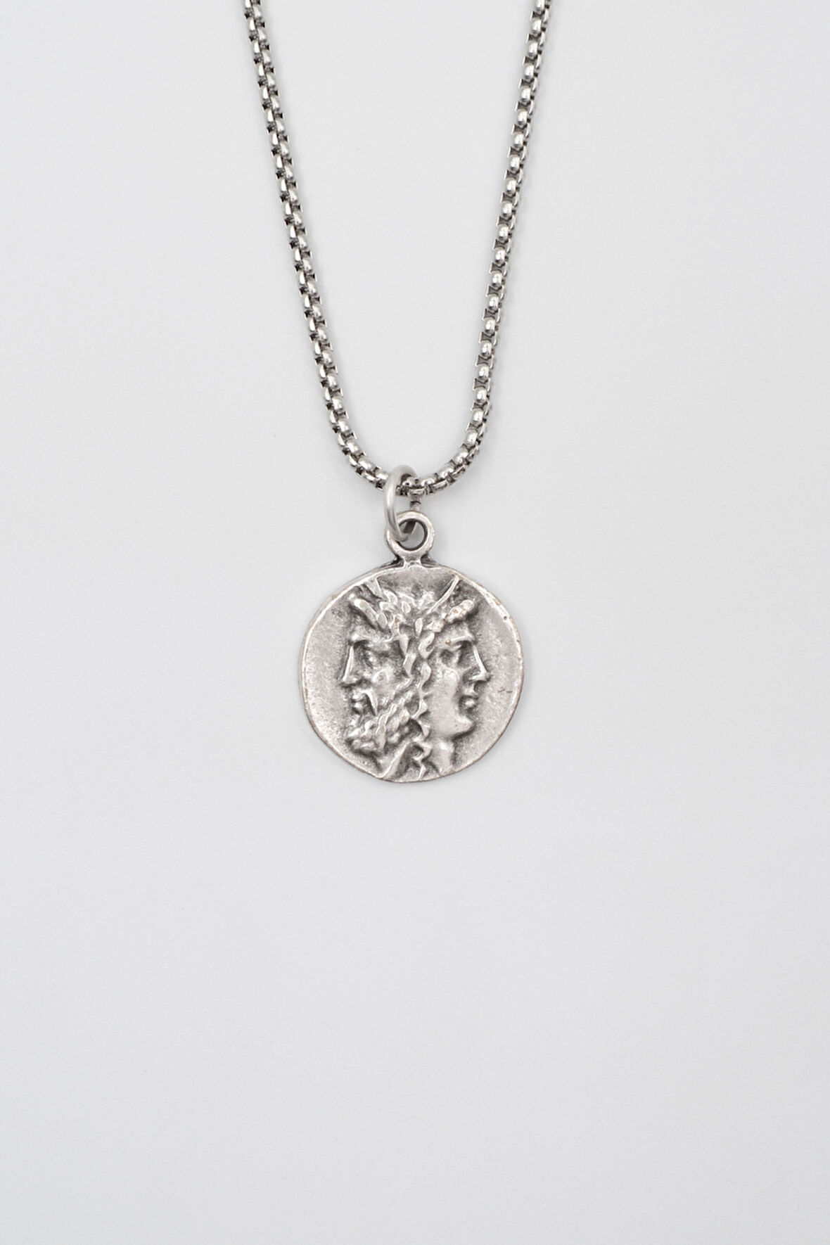 İki Yüzlü Janus Örme Zincir Kolye - Antik Gümüş Kaplama - Kadın Erkek - 60 cm