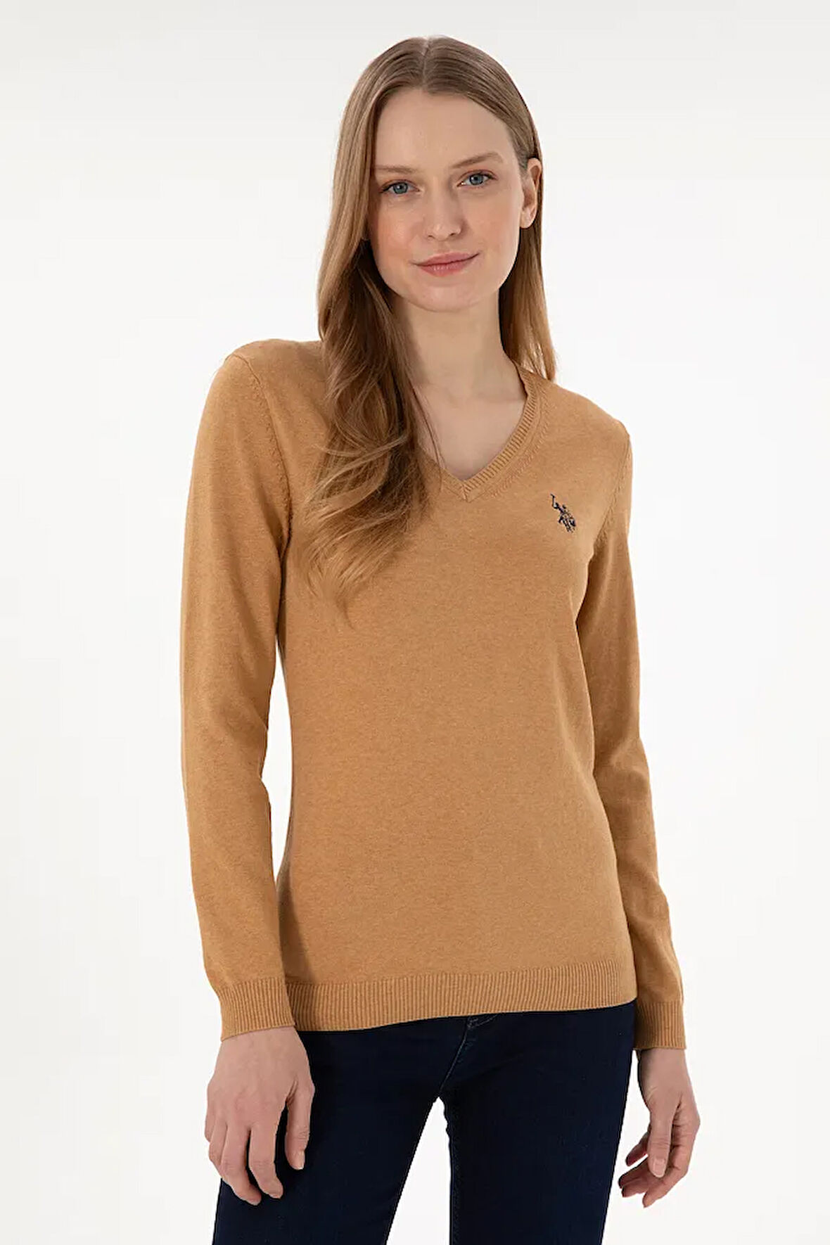 Kadın Camel Melanj V Yaka Basic Kazak 50293542-VR122