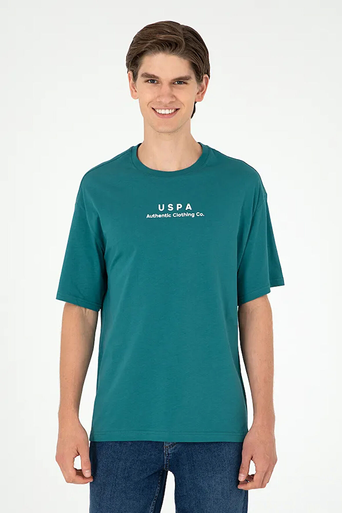 Erkek Comfort Fit Bisiklet Yaka Koyu Yeşil Tişört 50294322-vr101