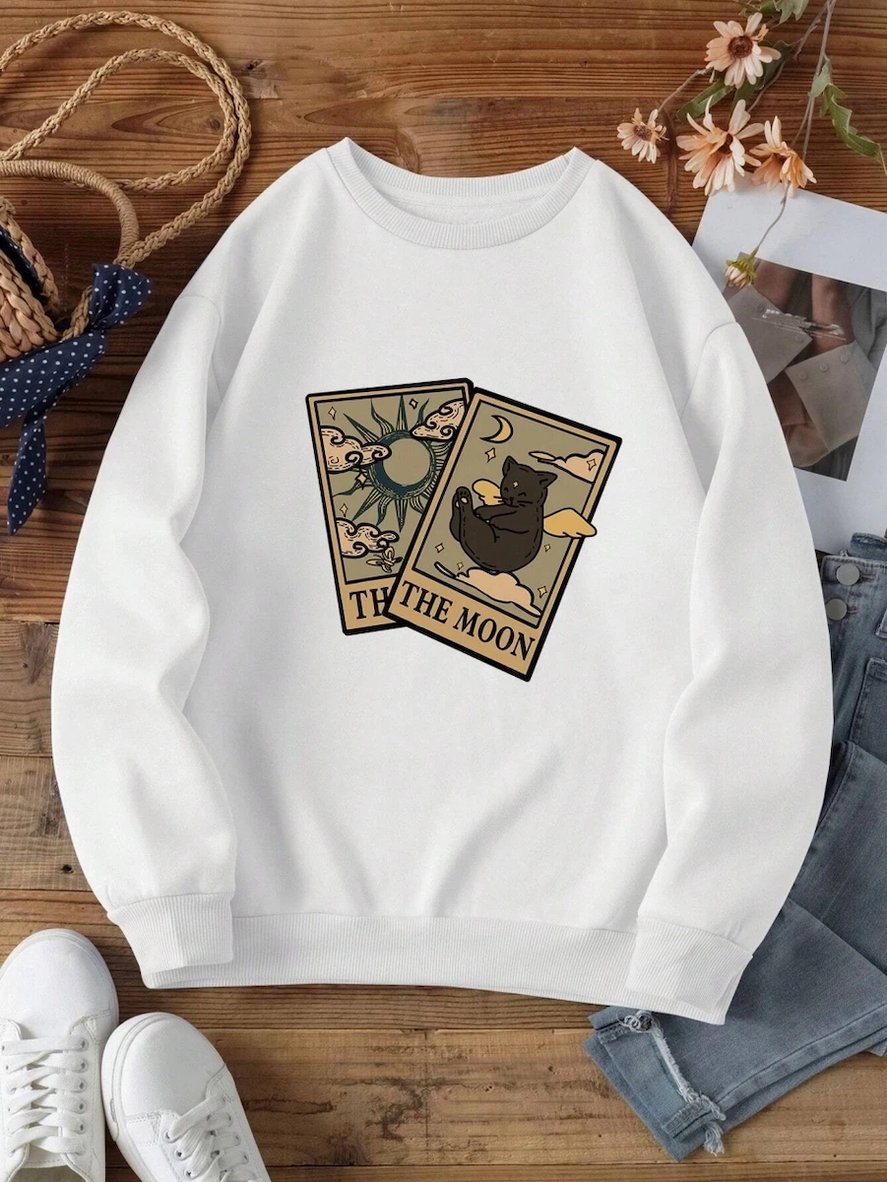 Rahat Vintage Kadın Tişörtü Tarot Ayı ve Ay Baskılı Kapüşonlular Polar Sıcak Kazak Sokak Crew