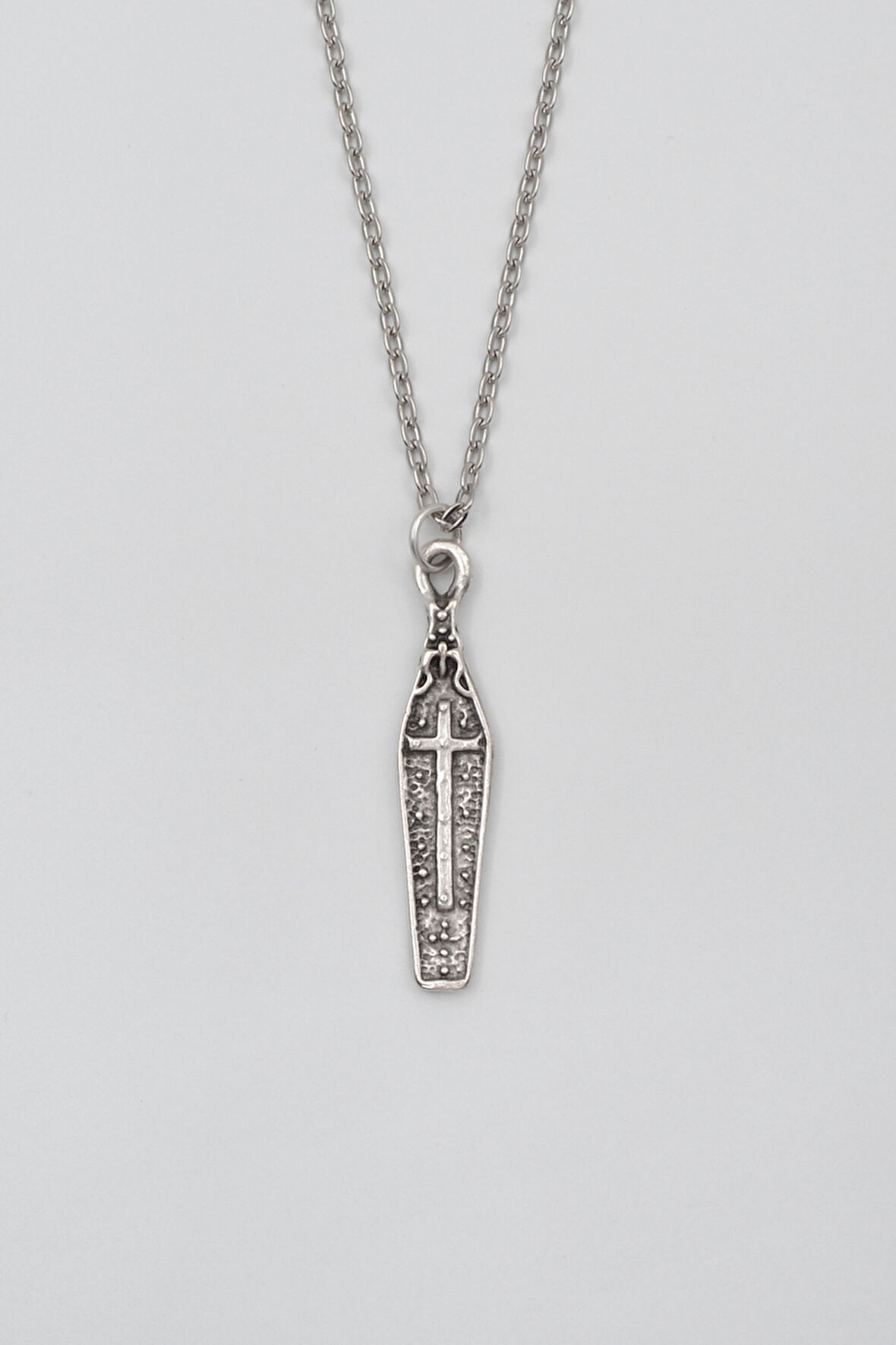 Gotik Haçlı Tabut Düz Ezme Zincir Kolye - Antik Gümüş Kaplama - Kadın Erkek - 60 cm