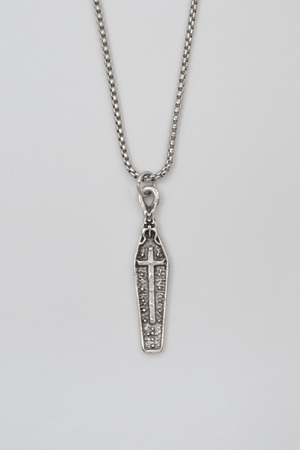 Gotik Haçlı Tabut Örme Zincir Kolye - Antik Gümüş Kaplama - Kadın Erkek - 60 cm