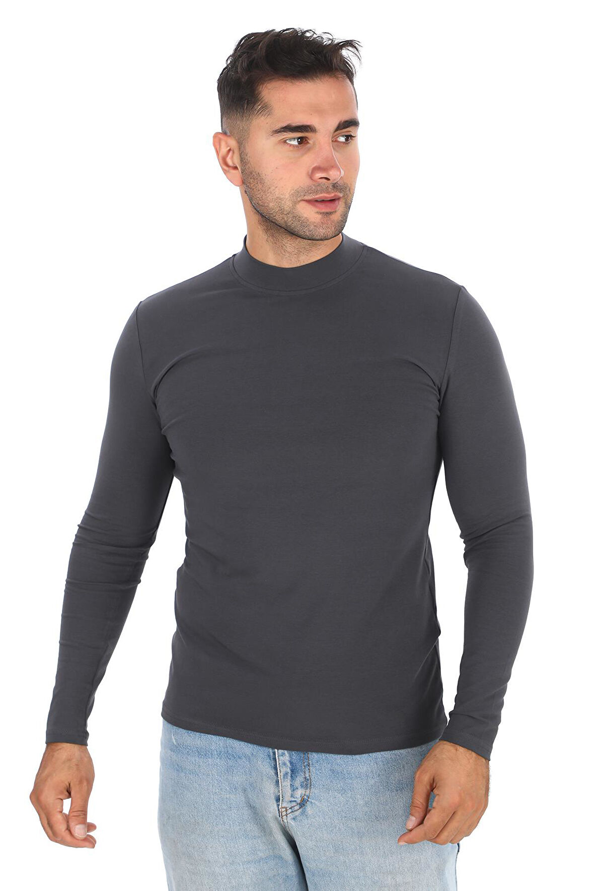 Erkek Dik Yaka Slim Fit Pamuk Likra Tişört-Füme