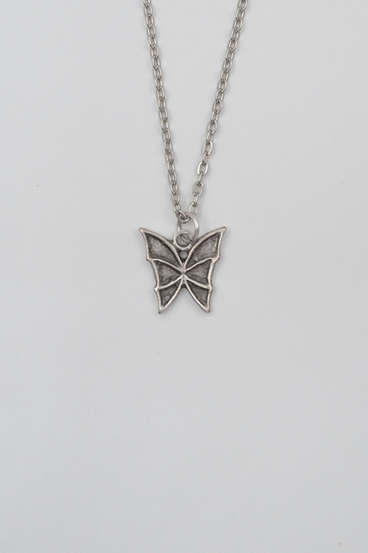 Kelebek Düz Ezme Zincir Kolye - Antik Gümüş Kaplama - Kadın Erkek - 60 cm