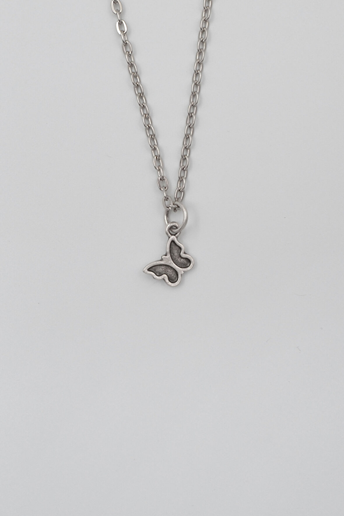 Minimalist Kelebek Düz Ezme Zincir Kolye - Antik Gümüş Kaplama - Kadın Erkek - 60 cm