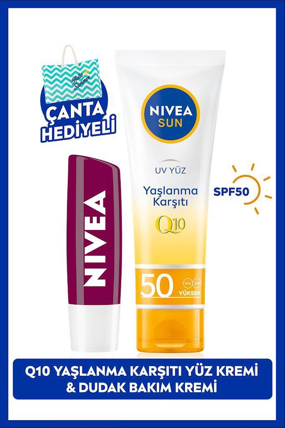 NIVEA SUN Q10 Yaşlanma Karşıtı Güneş Koruyucu Yüz Kremi 50ml ve Böğürtlen Dudak Bakım Kremi, Çanta Hediye