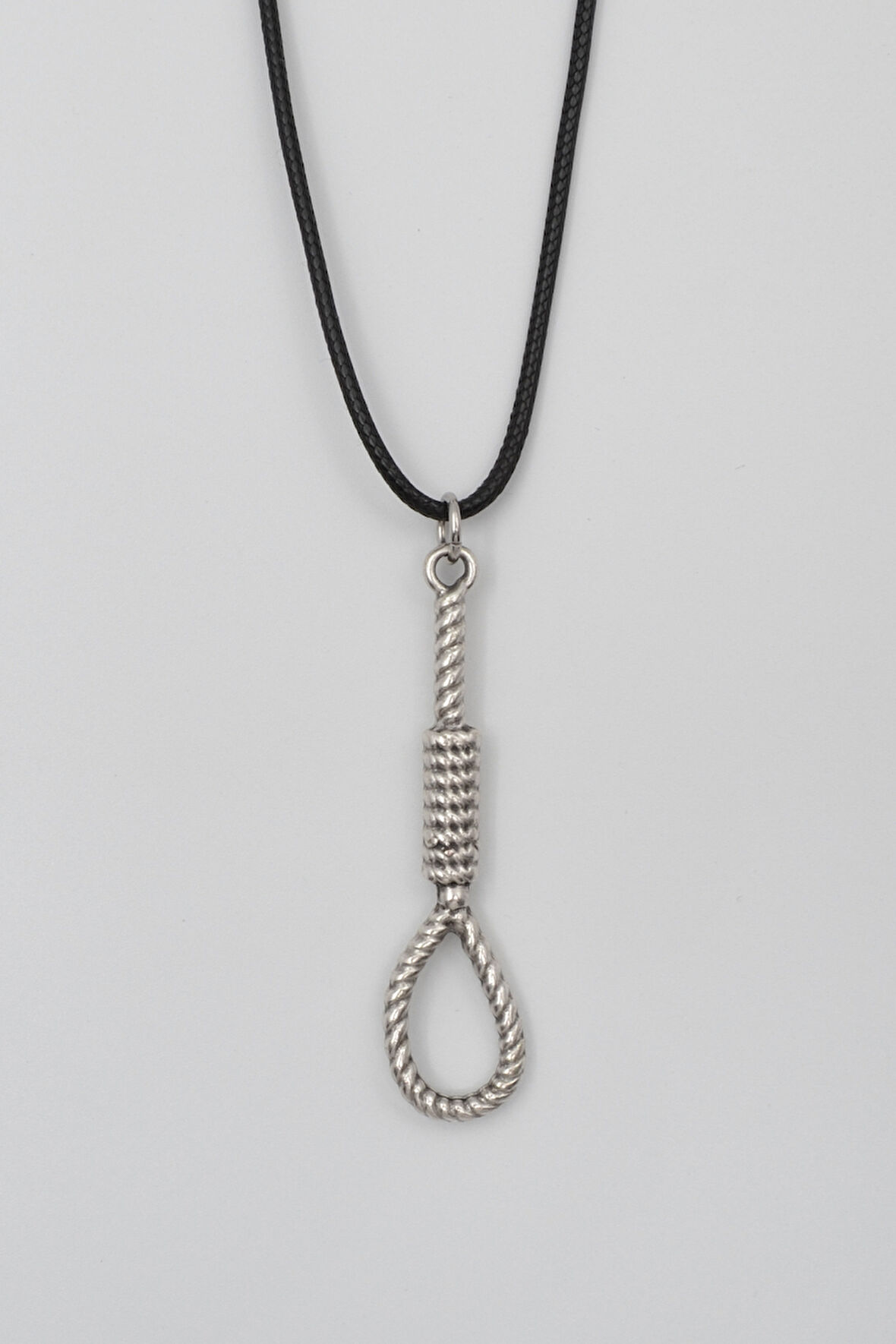 Halat - Urgan - İdam Düğümü Siyah Deri İp Kolye - Antik Gümüş Kaplama - Kadın Erkek - 60 cm