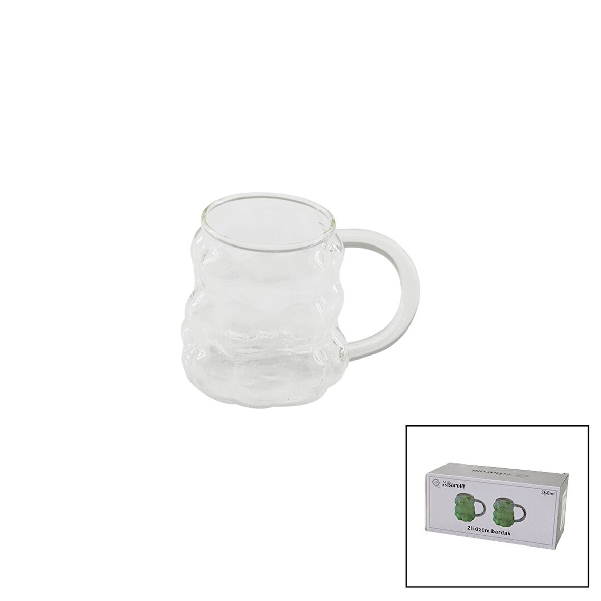 2PCS  ÜZÜM - KABARCIKLI KULPLU CAM BARDAK TERMİSİL - ISIYA DAYANIKLI BOROSİLİKAT350ML (5042)