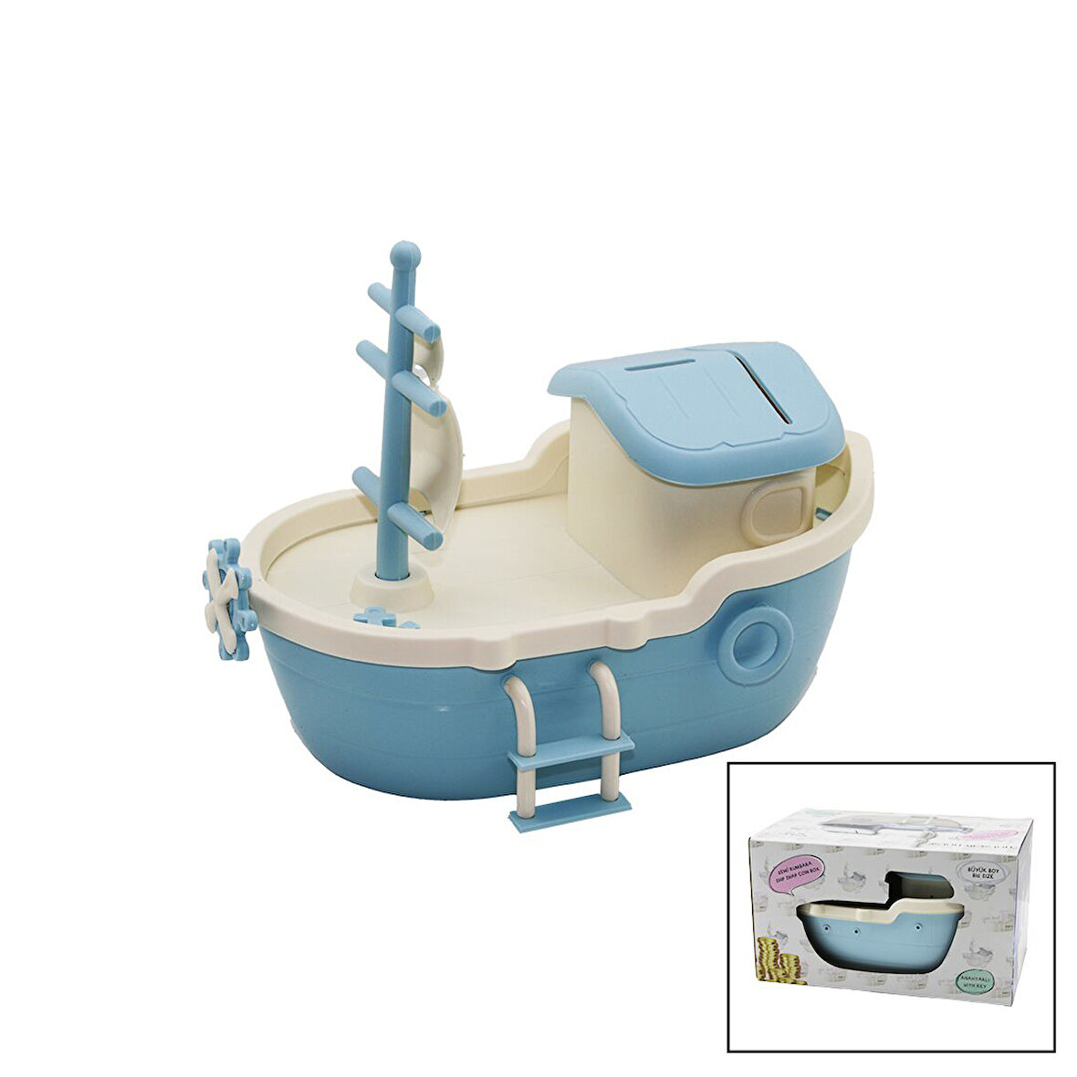 BÜYÜK GEMİ KUMBARA KİLİTLİ RENKLİ PLS. TBN:10X18CM - GÜVERTE: 14.5X24.5CM Y: 8-10-13CM (5042)