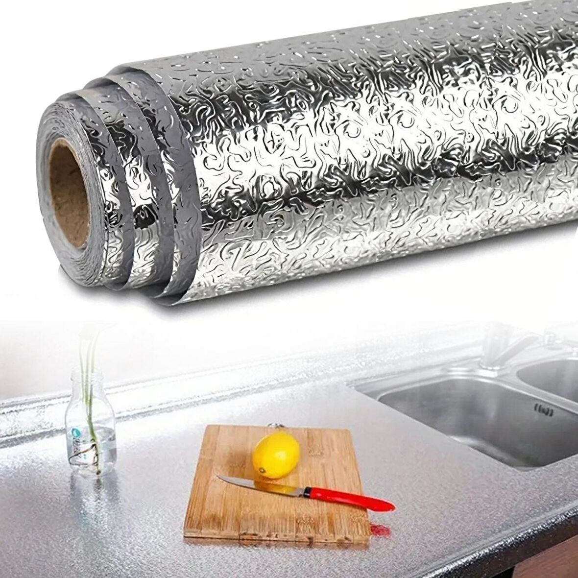 Rulo Gümüş Alüminyum Folyo Duvar Kağıdı, Kendinden Yapışkanlı Raf İçi, Su Geçirmez Folyo  2 mt x 60 cm (5042)