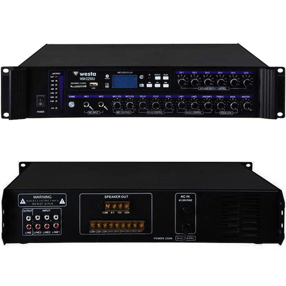 WESTA WM-2250U 250 WATT 100 VOLT USB/MP3/BLUETOOTH 6 BÖLGELİ TRAFOLU MIXER ANFİ (5042)