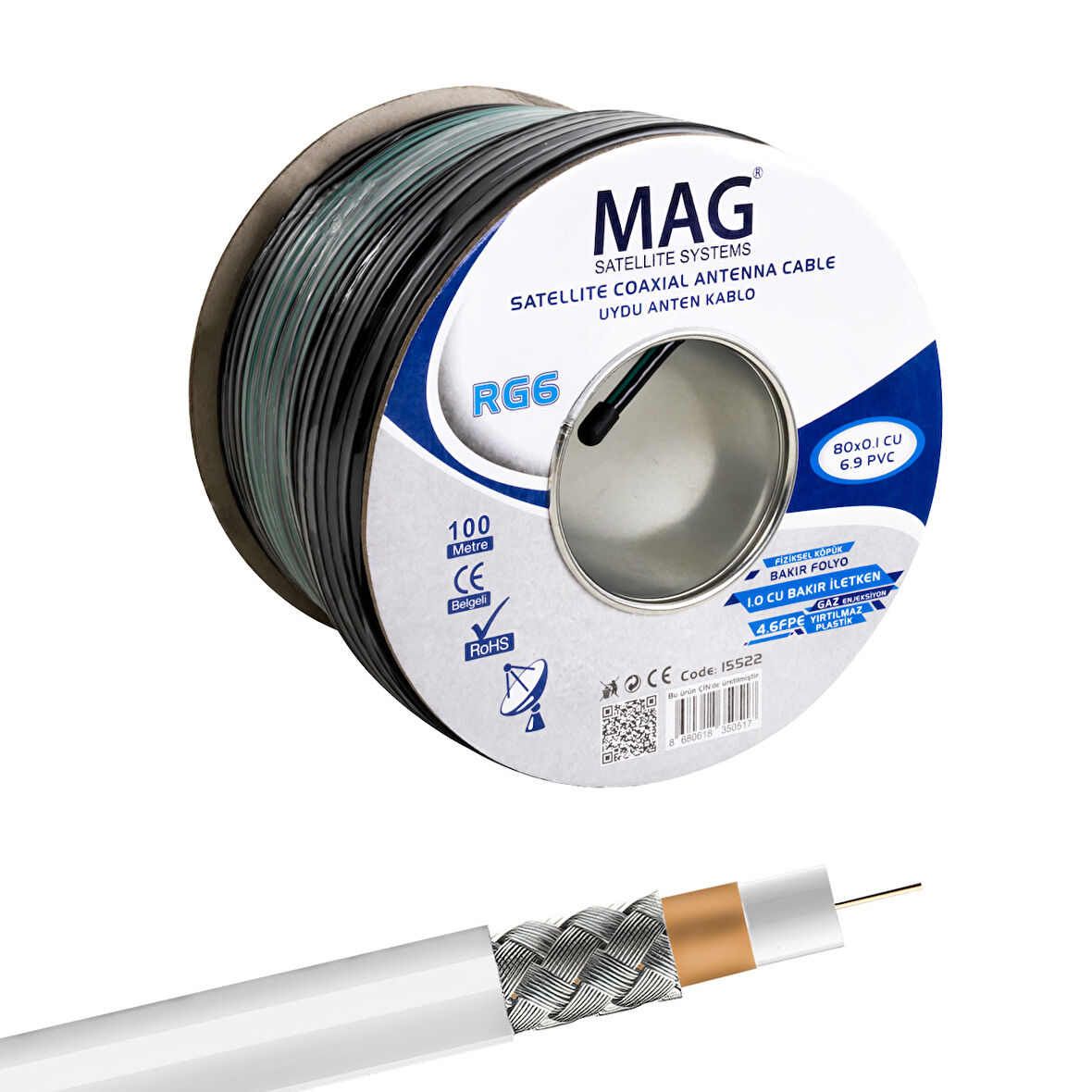 MAG RG6/U6 BAKIR CU/CU 80 TEL YEŞİL ANTEN KABLOSU (100 METRE) (5042)