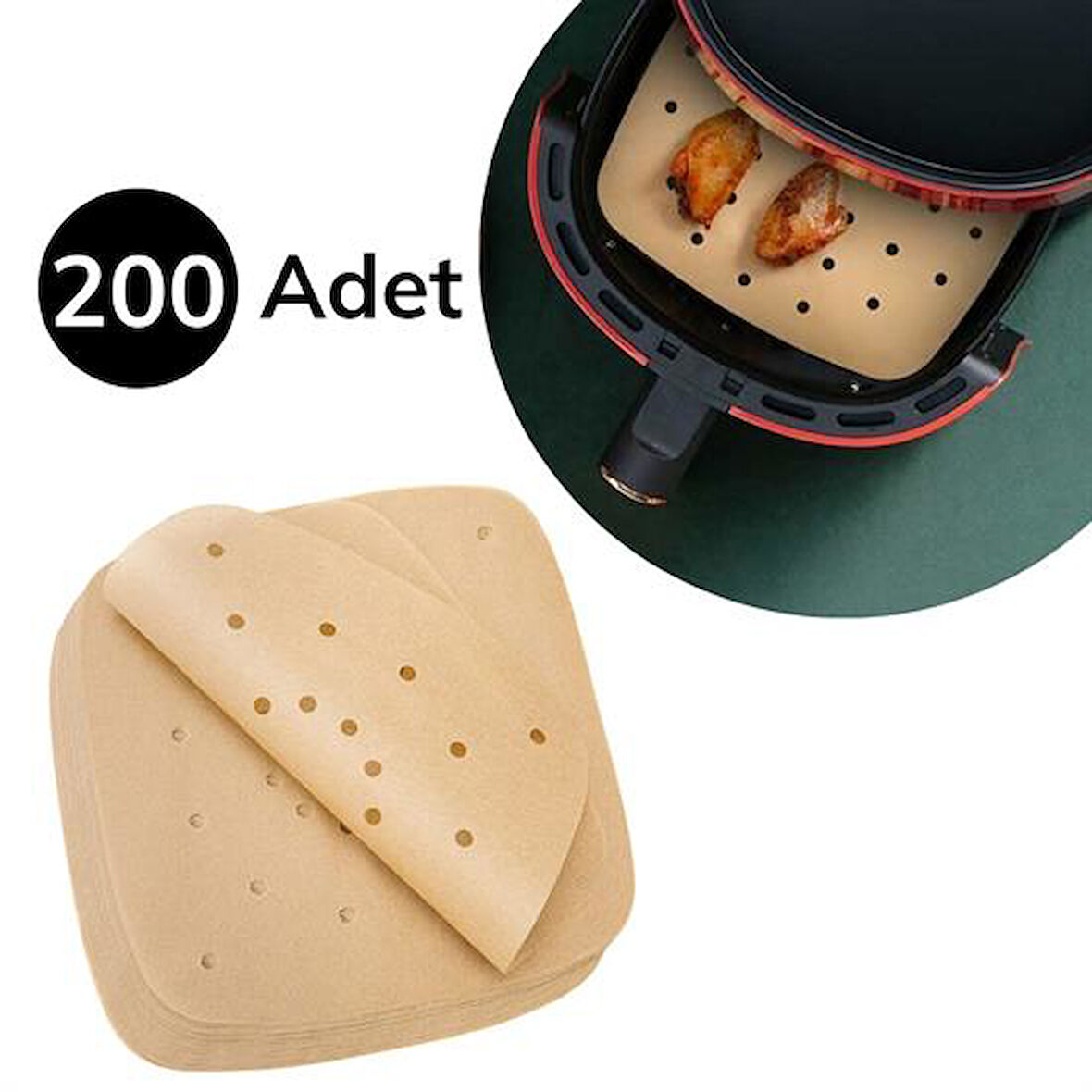 200 Adet Air Fryer Pişirme Kağıdı Tek Kullanımlık Pişirme Kağıdı Delikli Kare Model (5042)